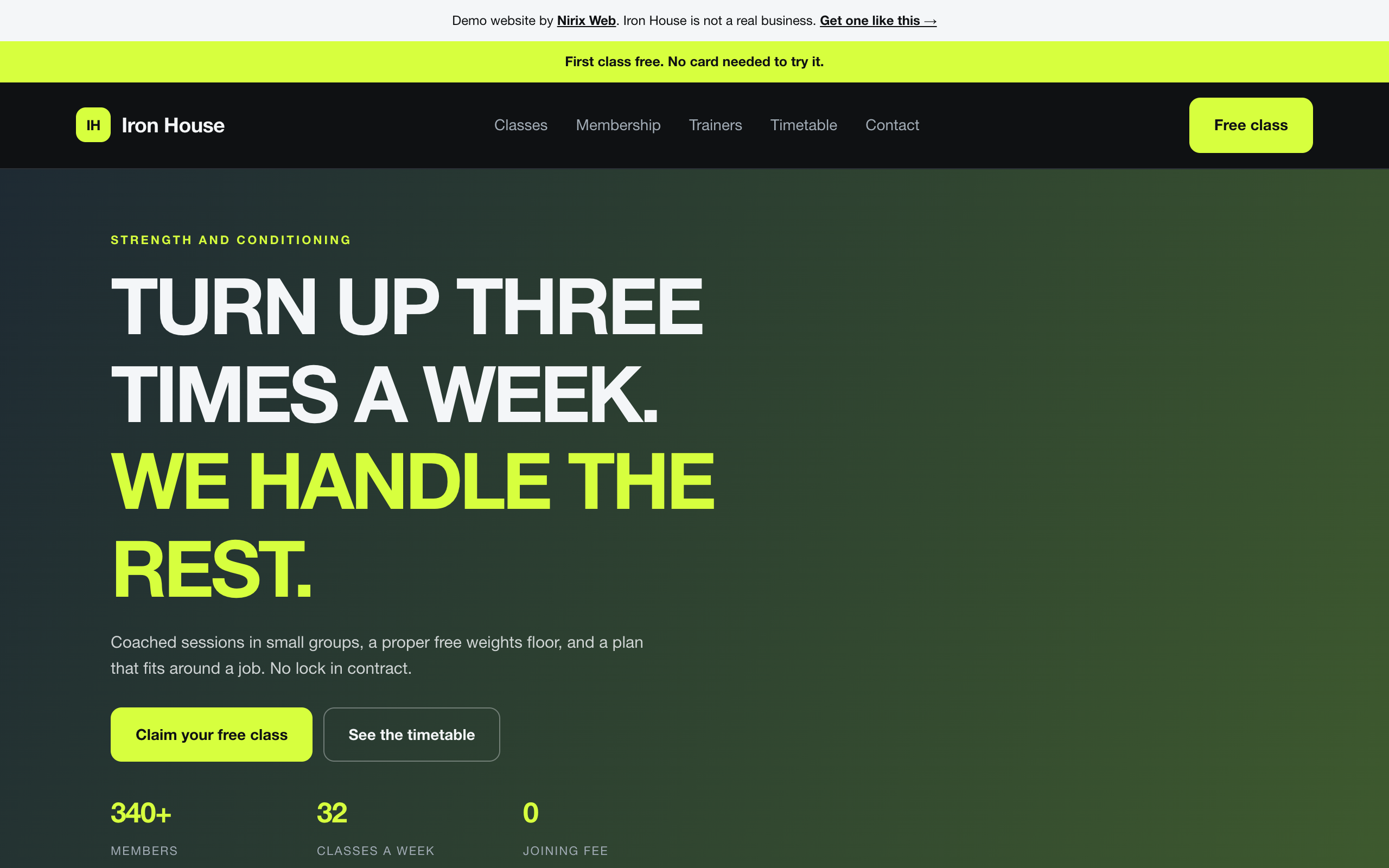 Website design concept for Iron House, a gym and fitness studio