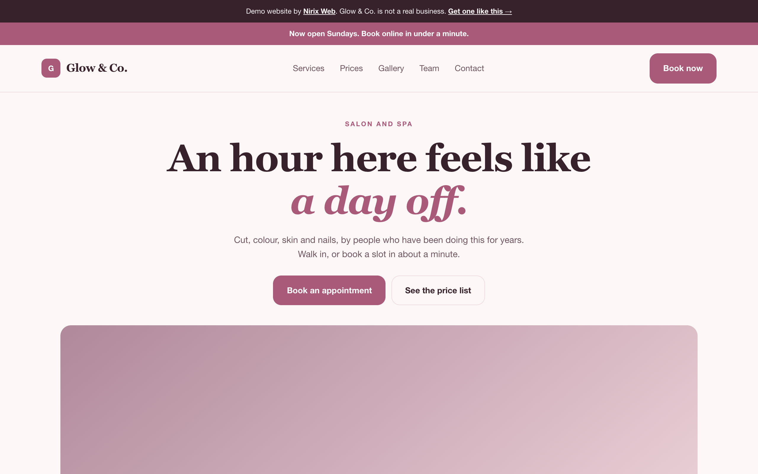 Website design concept for Glow & Co., a salon and spa